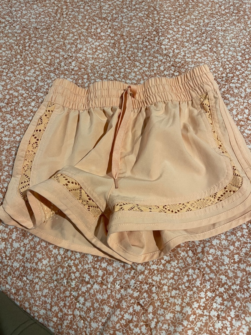 Girls Peach Crochet-Trim Drawstring Shorts